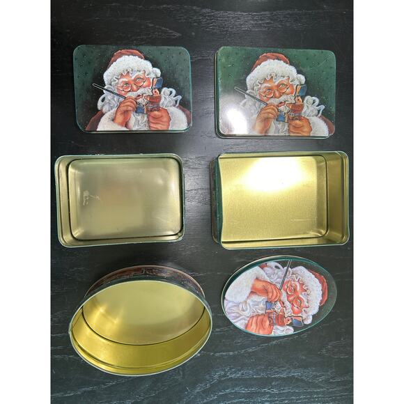 Set of 3 - 90s Holiday Santa Toys hunter Green decorative tin - cottage retro - Picture 3 of 5